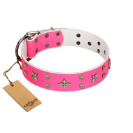 "Stars in Pink Dreams" Modern FDT Artisan Pink Leather Belgian Malinois Collar with Studs and Stars "Stars in Pink Dreams" Modern FDT Artisan Pink Leather Belgian Malinois Collar with Studs and Stars
