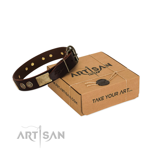 Rust-proof fittings on full grain genuine leather dog collar for your doggie