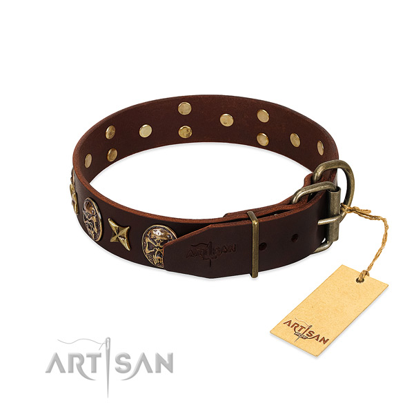 Corrosion resistant embellishments on full grain natural leather dog collar for your doggie
