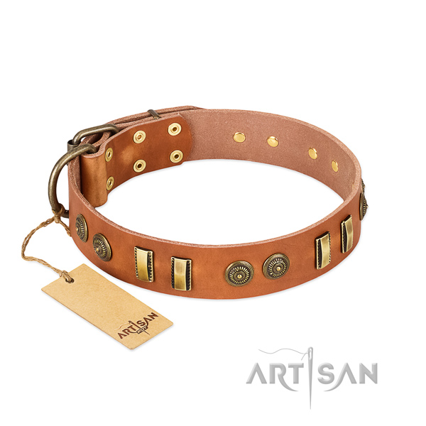 Rust-proof D-ring on full grain genuine leather dog collar for your dog
