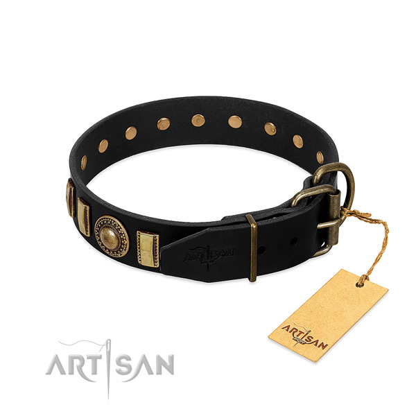 Gentle to touch full grain genuine leather dog collar with studs