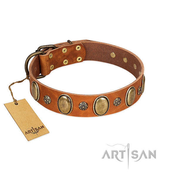 Easy wearing soft full grain leather dog collar with decorations
