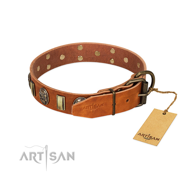 Full grain leather dog collar with rust resistant D-ring and decorations