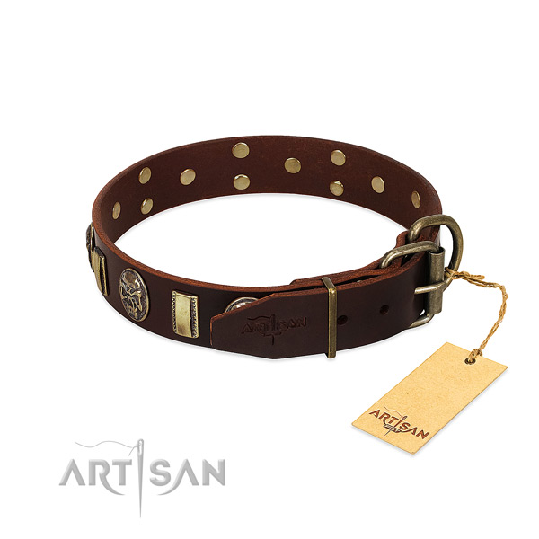Full grain natural leather dog collar with corrosion resistant D-ring and studs
