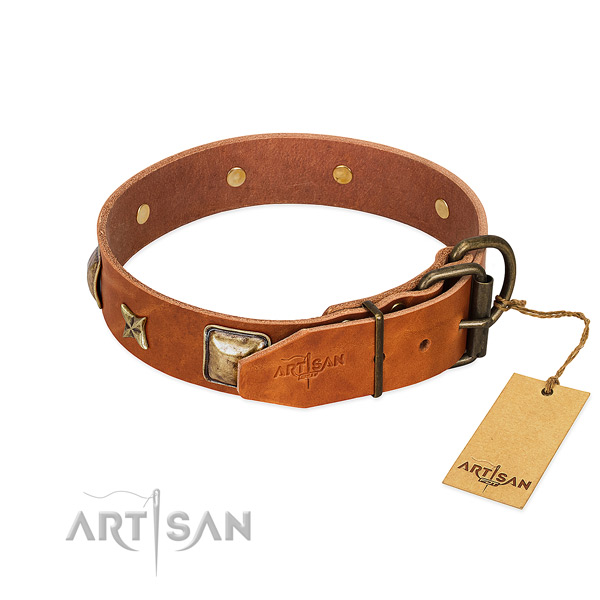 Full grain genuine leather dog collar with reliable buckle and adornments