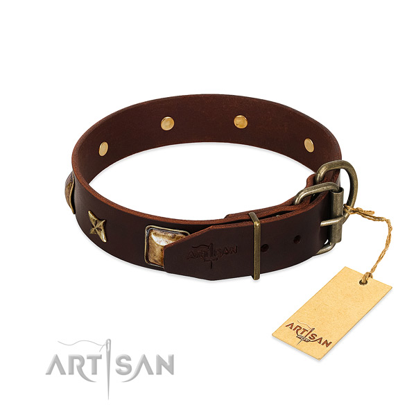 Genuine leather dog collar with corrosion resistant traditional buckle and adornments