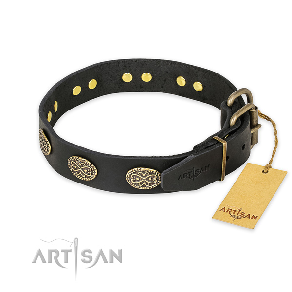 Reliable traditional buckle on full grain genuine leather collar for your beautiful four-legged friend