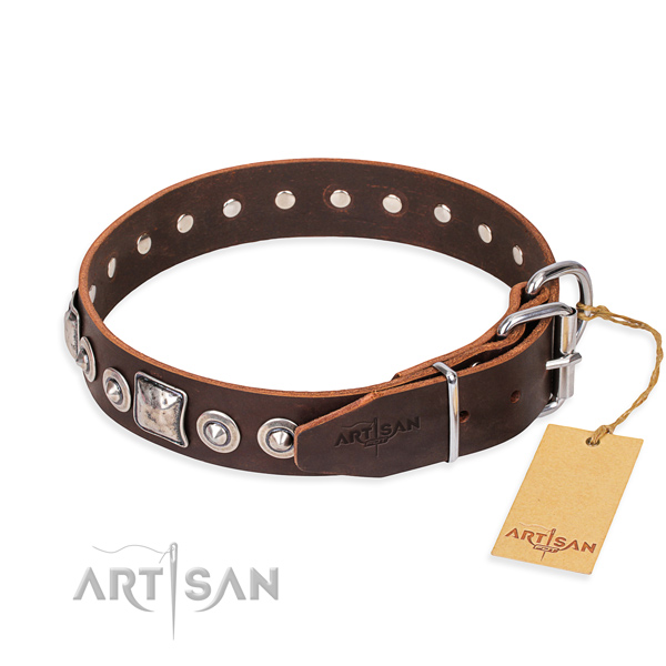 Full grain genuine leather dog collar made of gentle to touch material with reliable embellishments