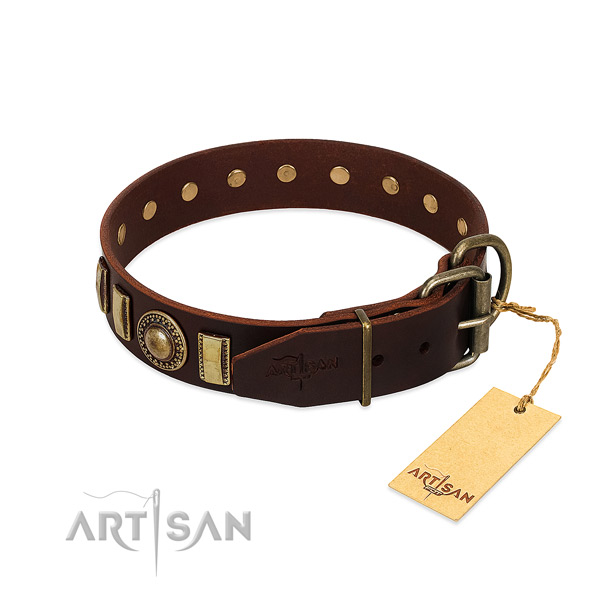 Inimitable natural leather dog collar with rust-proof hardware