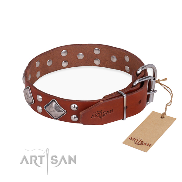 Genuine leather dog collar with designer corrosion proof decorations