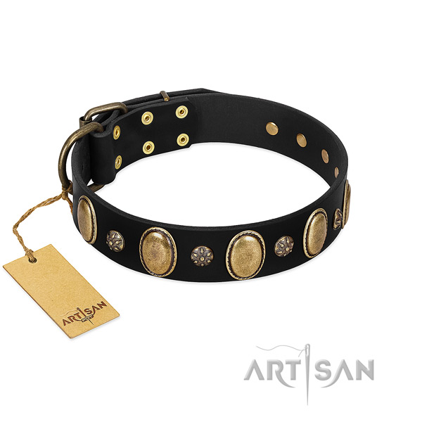 Comfortable wearing soft to touch full grain leather dog collar with studs