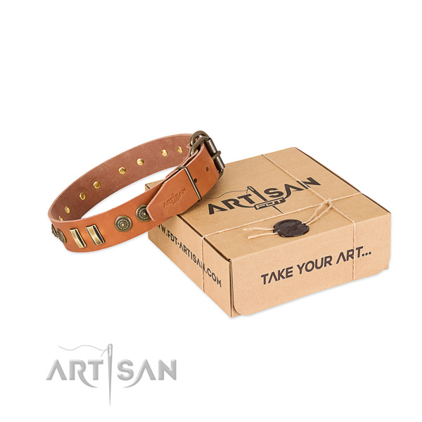 Rust resistant D-ring on full grain natural leather dog collar for your dog