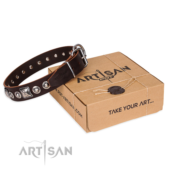 Leather dog collar made of soft to touch material with rust resistant hardware