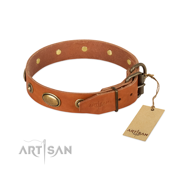 Durable D-ring on full grain genuine leather dog collar for your pet