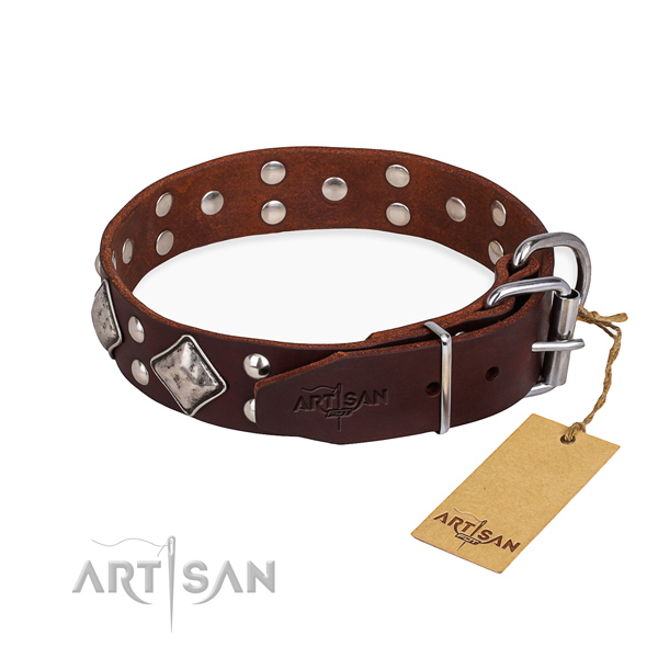 Full grain natural leather dog collar with designer reliable embellishments