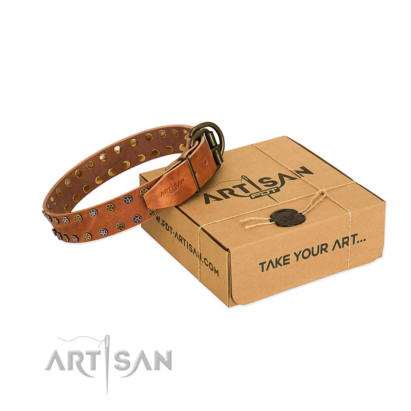 Comfortable wearing soft to touch genuine leather dog collar with studs