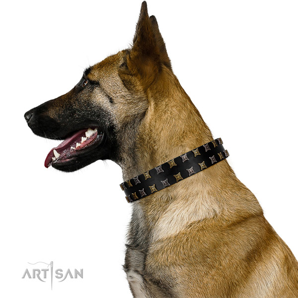 Soft genuine leather dog collar with decorations for your four-legged friend