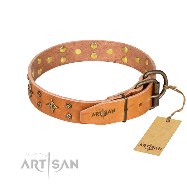 Everyday use natural genuine leather collar with studs for your doggie