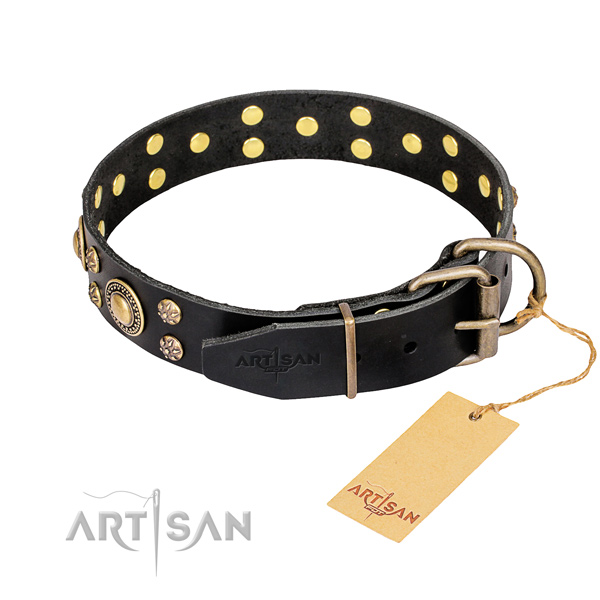Stylish walking natural genuine leather collar with studs for your doggie