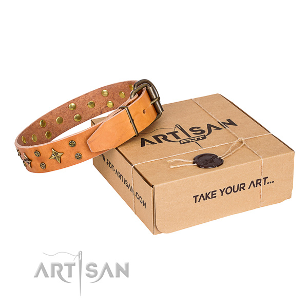 Decorated natural genuine leather dog collar for handy use