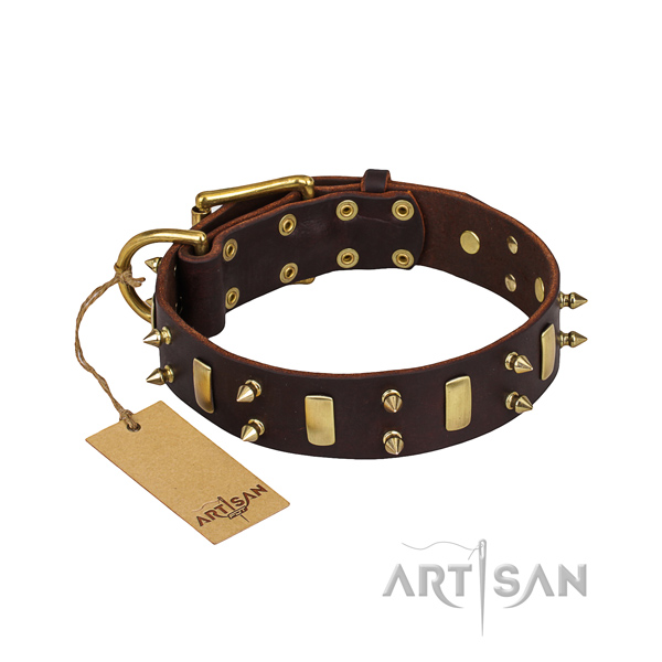 Full grain natural leather dog collar with smooth leather surface